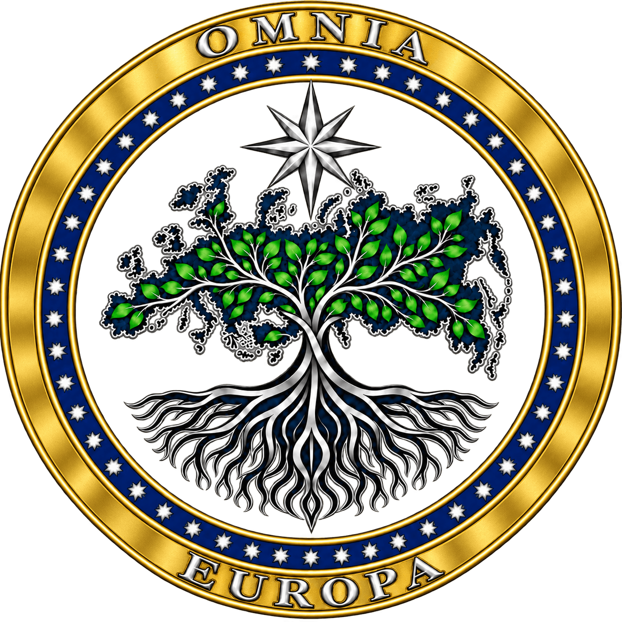 Emblema de Omnia Europa: un árbol de tronco plateado cuya copa forma Europa, rodeado de estrellas en un anillo dorado.